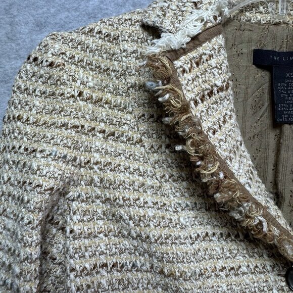 Vintage Y2K Limited Tweed Blazer Jacket XS Brown Tan Cream Cropped Frayed Hem - Picture 4 of 10